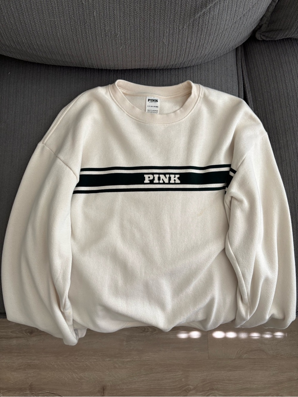PINK Victoria's Secret Cream Crewneck Sweater with Black Stripe and Logo